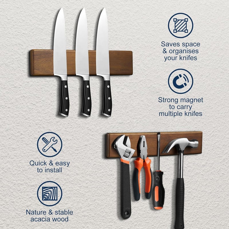 ENOKING Magnetic Knife Strips, Magnetic Knife Holder for Wall 10 Inch, Acacia Wood Knife Magnetic Strip Use as Knife Bar, Knife Holder for Kitchen Utensil Organizer, Without hooks - Image 5